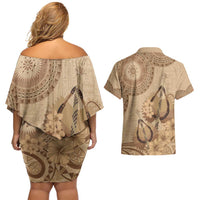 Brown Bula Fiji Couples Matching Off Shoulder Short Dress and Hawaiian Shirt Fijian Dance Fan Tapa Cloth Pattern LT14 - Polynesian Pride