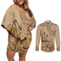 Brown Bula Fiji Couples Matching Off Shoulder Short Dress and Long Sleeve Button Shirt Fijian Dance Fan Tapa Cloth Pattern LT14 Brown - Polynesian Pride