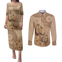 Brown Bula Fiji Couples Matching Puletasi and Long Sleeve Button Shirt Fijian Dance Fan Tapa Cloth Pattern LT14 Brown - Polynesian Pride