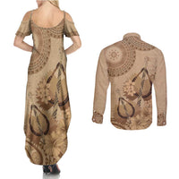 Brown Bula Fiji Couples Matching Summer Maxi Dress and Long Sleeve Button Shirt Fijian Dance Fan Tapa Cloth Pattern LT14 - Polynesian Pride