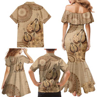 Brown Bula Fiji Family Matching Mermaid Dress and Hawaiian Shirt Fijian Dance Fan Tapa Cloth Pattern LT14 - Polynesian Pride