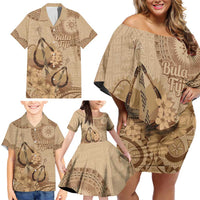 Brown Bula Fiji Family Matching Off Shoulder Short Dress and Hawaiian Shirt Fijian Dance Fan Tapa Cloth Pattern LT14 - Polynesian Pride