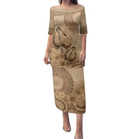 Brown Bula Fiji Family Matching Puletasi and Hawaiian Shirt Fijian Dance Fan Tapa Cloth Pattern LT14 Mom's Dress Brown - Polynesian Pride
