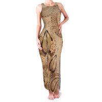 Brown Bula Fiji Family Matching Tank Maxi Dress and Hawaiian Shirt Fijian Dance Fan Tapa Cloth Pattern LT14 Mom's Dress Brown - Polynesian Pride