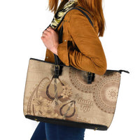 Brown Bula Fiji Leather Tote Bag Fijian Dance Fan Tapa Cloth Pattern