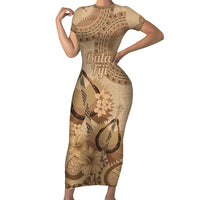 Brown Bula Fiji Short Sleeve Bodycon Dress Fijian Dance Fan Tapa Cloth Pattern LT14 Long Dress Brown - Polynesian Pride