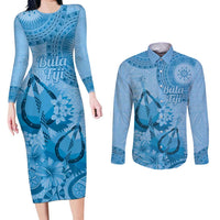 Blue Bula Fiji Couples Matching Long Sleeve Bodycon Dress and Long Sleeve Button Shirt Fijian Dance Fan Tapa Cloth Pattern
