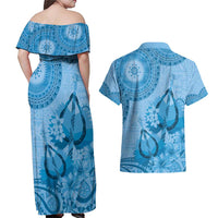 Blue Bula Fiji Couples Matching Off Shoulder Maxi Dress and Hawaiian Shirt Fijian Dance Fan Tapa Cloth Pattern