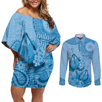 Blue Bula Fiji Couples Matching Off Shoulder Short Dress and Long Sleeve Button Shirt Fijian Dance Fan Tapa Cloth Pattern LT14 Blue - Polynesian Pride