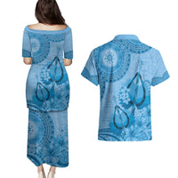 Blue Bula Fiji Couples Matching Puletasi and Hawaiian Shirt Fijian Dance Fan Tapa Cloth Pattern