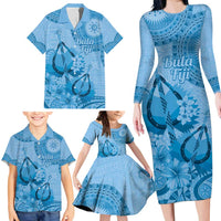 Blue Bula Fiji Family Matching Long Sleeve Bodycon Dress and Hawaiian Shirt Fijian Dance Fan Tapa Cloth Pattern