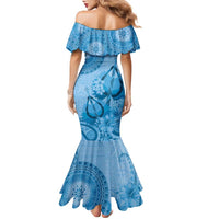 Blue Bula Fiji Family Matching Mermaid Dress and Hawaiian Shirt Fijian Dance Fan Tapa Cloth Pattern