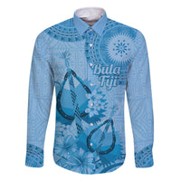 Blue Bula Fiji Family Matching Off The Shoulder Long Sleeve Dress and Hawaiian Shirt Fijian Dance Fan Tapa Cloth Pattern