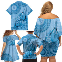 Blue Bula Fiji Family Matching Off Shoulder Short Dress and Hawaiian Shirt Fijian Dance Fan Tapa Cloth Pattern