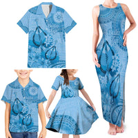 Blue Bula Fiji Family Matching Tank Maxi Dress and Hawaiian Shirt Fijian Dance Fan Tapa Cloth Pattern