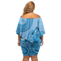 Blue Bula Fiji Off Shoulder Short Dress Fijian Dance Fan Tapa Cloth Pattern