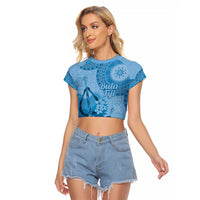 Blue Bula Fiji Raglan Cropped T Shirt Fijian Dance Fan Tapa Cloth Pattern