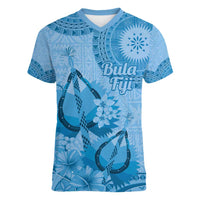 Blue Bula Fiji Women V-Neck T-Shirt Fijian Dance Fan Tapa Cloth Pattern LT14 Female Blue - Polynesian Pride