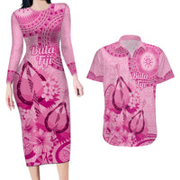 Pink Bula Fiji Couples Matching Long Sleeve Bodycon Dress and Hawaiian Shirt Fijian Dance Fan Tapa Cloth Pattern
