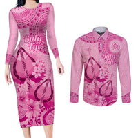 Pink Bula Fiji Couples Matching Long Sleeve Bodycon Dress and Long Sleeve Button Shirt Fijian Dance Fan Tapa Cloth Pattern