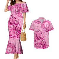 Pink Bula Fiji Couples Matching Mermaid Dress and Hawaiian Shirt Fijian Dance Fan Tapa Cloth Pattern