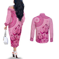 Pink Bula Fiji Couples Matching Off The Shoulder Long Sleeve Dress and Long Sleeve Button Shirt Fijian Dance Fan Tapa Cloth Pattern