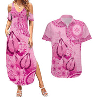 Pink Bula Fiji Couples Matching Summer Maxi Dress and Hawaiian Shirt Fijian Dance Fan Tapa Cloth Pattern