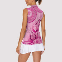 Pink Bula Fiji Women Sleeveless Polo Shirt Fijian Dance Fan Tapa Cloth Pattern LT14 - Polynesian Pride