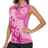 Pink Bula Fiji Women Sleeveless Polo Shirt Fijian Dance Fan Tapa Cloth Pattern LT14 - Polynesian Pride
