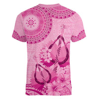 Pink Bula Fiji Women V-Neck T-Shirt Fijian Dance Fan Tapa Cloth Pattern
