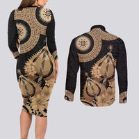 Black Bula Fiji Couples Matching Long Sleeve Bodycon Dress and Long Sleeve Button Shirt Fijian Dance Fan Tapa Cloth Pattern