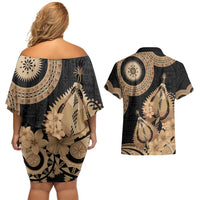 Black Bula Fiji Couples Matching Off Shoulder Short Dress and Hawaiian Shirt Fijian Dance Fan Tapa Cloth Pattern
