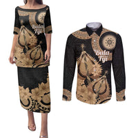 Black Bula Fiji Couples Matching Puletasi and Long Sleeve Button Shirt Fijian Dance Fan Tapa Cloth Pattern