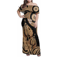 Black Bula Fiji Family Matching Off Shoulder Maxi Dress and Hawaiian Shirt Fijian Dance Fan Tapa Cloth Pattern