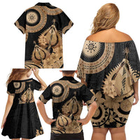 Black Bula Fiji Family Matching Off Shoulder Short Dress and Hawaiian Shirt Fijian Dance Fan Tapa Cloth Pattern