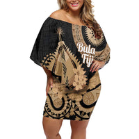 Black Bula Fiji Family Matching Off Shoulder Short Dress and Hawaiian Shirt Fijian Dance Fan Tapa Cloth Pattern