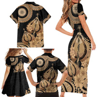 Black Bula Fiji Family Matching Short Sleeve Bodycon Dress and Hawaiian Shirt Fijian Dance Fan Tapa Cloth Pattern