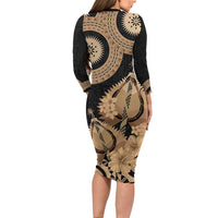 Black Bula Fiji Long Sleeve Bodycon Dress Fijian Dance Fan Tapa Cloth Pattern