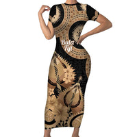 Black Bula Fiji Short Sleeve Bodycon Dress Fijian Dance Fan Tapa Cloth Pattern LT14 Long Dress Black - Polynesian Pride