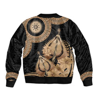 Black Bula Fiji Sleeve Zip Bomber Jacket Fijian Dance Fan Tapa Cloth Pattern