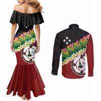 Frangipani Festival Rabaul East New Britain Couples Matching Mermaid Dress and Long Sleeve Button Shirt Dukduk Dance With Plumeria - Polynesian Pride