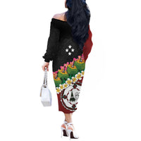 Frangipani Festival Rabaul East New Britain Off The Shoulder Long Sleeve Dress Dukduk Dance With Plumeria - Polynesian Pride