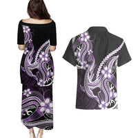 Purple Black Aloha Hawaii Couples Matching Puletasi and Hawaiian Shirt Polynesian Shark Tattoo Plumeria LT14 - Polynesian Pride