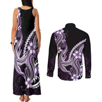 Purple Black Aloha Hawaii Couples Matching Tank Maxi Dress and Long Sleeve Button Shirt Polynesian Shark Tattoo Plumeria LT14 - Polynesian Pride