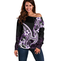 Purple Black Aloha Hawaii Off Shoulder Sweater Polynesian Shark Tattoo Plumeria