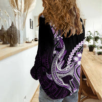 Purple Black Aloha Hawaii Women Casual Shirt Polynesian Shark Tattoo Plumeria LT14 - Polynesian Pride