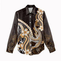 Orange Black Aloha Hawaii Women Casual Shirt Polynesian Shark Tattoo Plumeria LT14 - Polynesian Pride