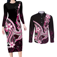 Pink Black Aloha Hawaii Couples Matching Long Sleeve Bodycon Dress and Long Sleeve Button Shirt Polynesian Shark Tattoo Plumeria LT14 Pink - Polynesian Pride