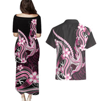 Pink Black Aloha Hawaii Couples Matching Puletasi and Hawaiian Shirt Polynesian Shark Tattoo Plumeria LT14 - Polynesian Pride