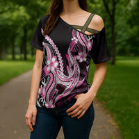 Pink Black Aloha Hawaii Cross Shoulder Shirt Polynesian Shark Tattoo Plumeria
